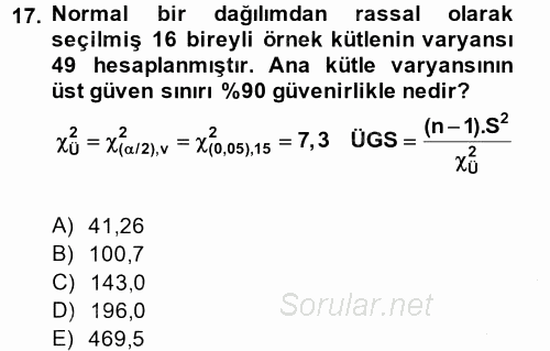Coğrafi Bilgi Sistemleri İçin Temel İstatistik 2014 - 2015 Ara Sınavı 17.Soru