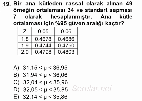 Coğrafi Bilgi Sistemleri İçin Temel İstatistik 2014 - 2015 Ara Sınavı 19.Soru