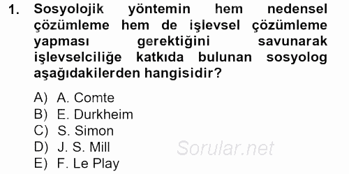Modern Sosyoloji Tarihi 2014 - 2015 Ara Sınavı 1.Soru
