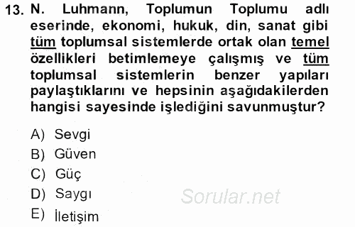 Modern Sosyoloji Tarihi 2014 - 2015 Ara Sınavı 13.Soru