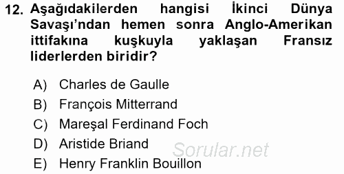 Siyasi Tarih 2 2017 - 2018 Ara Sınavı 12.Soru