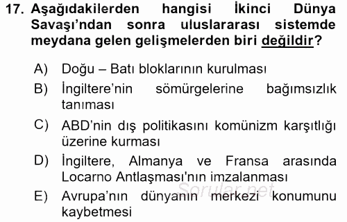 Siyasi Tarih 2 2017 - 2018 Ara Sınavı 17.Soru