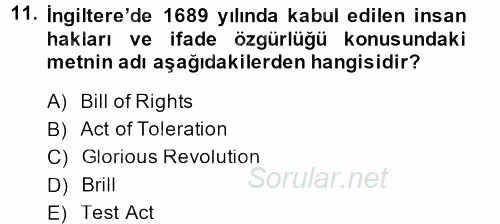 Orta Çağ-Yeni Çağ Avrupa Tarihi 2014 - 2015 Dönem Sonu Sınavı 11.Soru