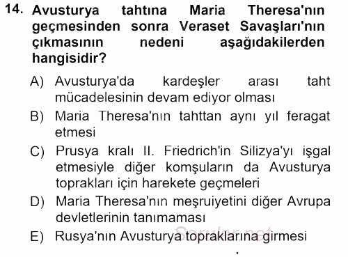 Orta Çağ-Yeni Çağ Avrupa Tarihi 2014 - 2015 Dönem Sonu Sınavı 14.Soru