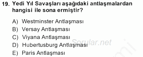 Orta Çağ-Yeni Çağ Avrupa Tarihi 2014 - 2015 Dönem Sonu Sınavı 19.Soru