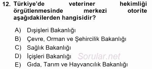 Veteriner Hizmetleri Mevzuatı ve Etik 2017 - 2018 Ara Sınavı 12.Soru