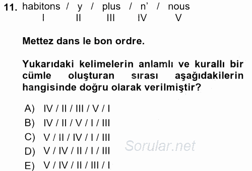 Fransızca 1 2015 - 2016 Dönem Sonu Sınavı 11.Soru