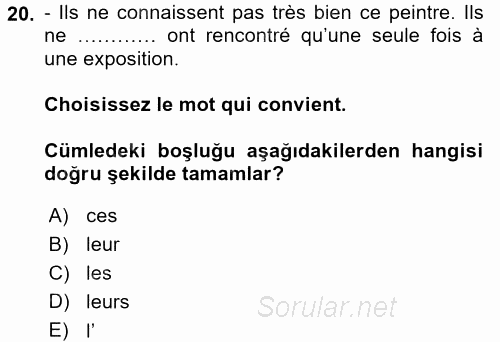 Fransızca 1 2015 - 2016 Dönem Sonu Sınavı 20.Soru