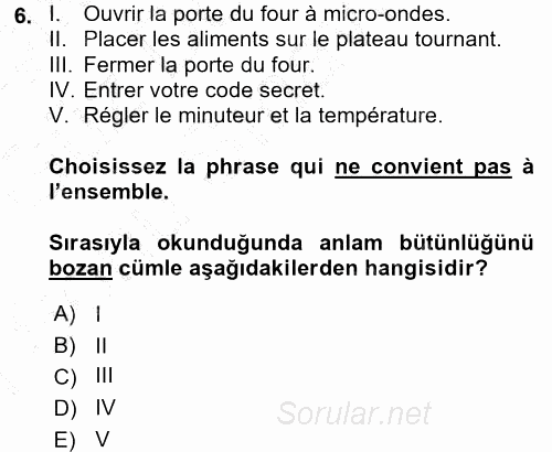 Fransızca 1 2015 - 2016 Dönem Sonu Sınavı 6.Soru