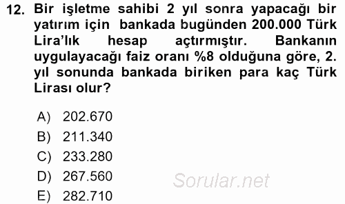 Finansal Yönetim 1 2015 - 2016 Ara Sınavı 12.Soru