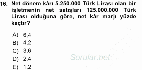 Finansal Yönetim 1 2015 - 2016 Ara Sınavı 16.Soru