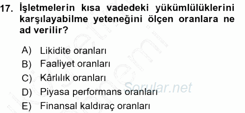 Finansal Yönetim 1 2015 - 2016 Ara Sınavı 17.Soru