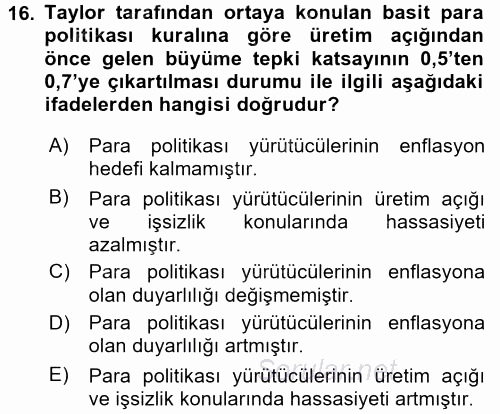 Para Politikası 2015 - 2016 Dönem Sonu Sınavı 16.Soru