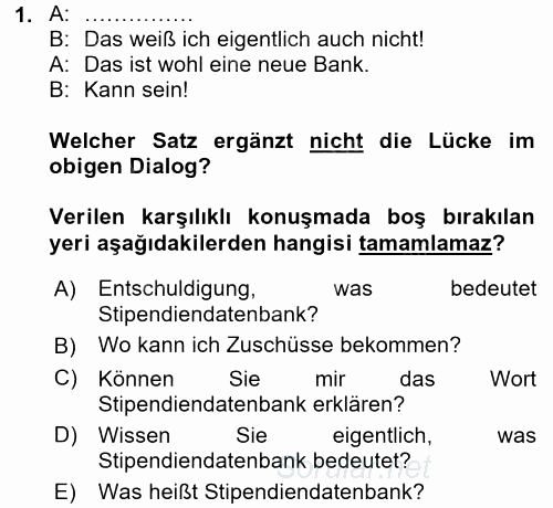 Almanca 2 2015 - 2016 Tek Ders Sınavı 1.Soru