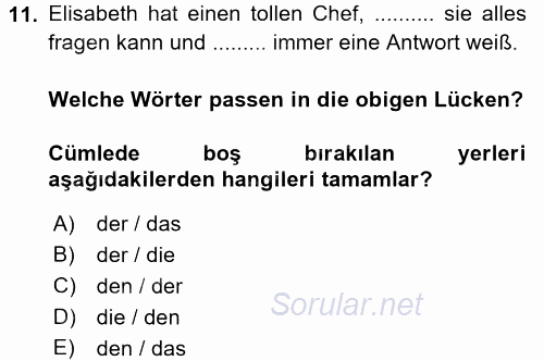 Almanca 2 2015 - 2016 Tek Ders Sınavı 11.Soru