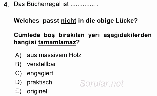 Almanca 2 2015 - 2016 Tek Ders Sınavı 4.Soru