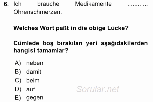 Almanca 2 2015 - 2016 Tek Ders Sınavı 6.Soru