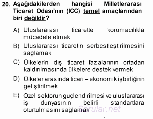 Dış Ticaretle İlgili Kurumlar ve Kuruluşlar 2013 - 2014 Dönem Sonu Sınavı 20.Soru