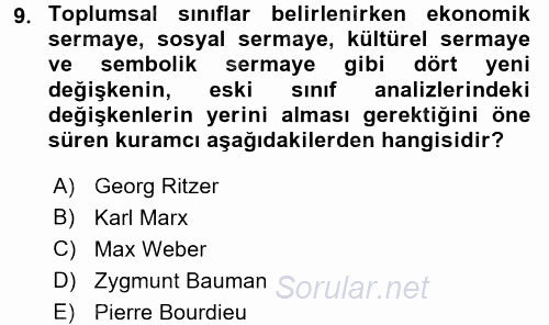 Sosyal Bilimlerde Temel Kavramlar 2016 - 2017 Dönem Sonu Sınavı 9.Soru