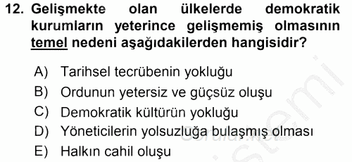 Gelişmekte Olan Ülkelerde Siyaset 2016 - 2017 Ara Sınavı 12.Soru