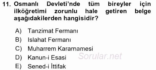 Atatürk İlkeleri Ve İnkılap Tarihi 1 2017 - 2018 Ara Sınavı 11.Soru