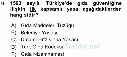 Gıda Mevzuatı ve Kalite Yönetimi 2015 - 2016 Ara Sınavı 9.Soru