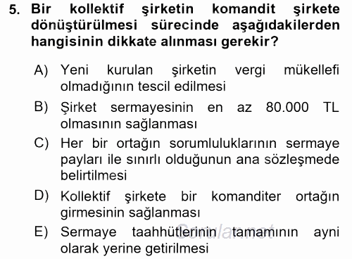 Muhasebe ve Hukuk 2017 - 2018 3 Ders Sınavı 5.Soru