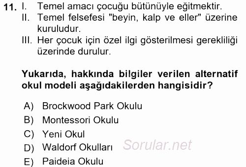 Eğitim Felsefesi 2017 - 2018 3 Ders Sınavı 11.Soru