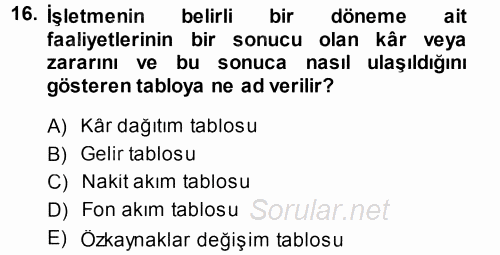 Genel Muhasebe 2013 - 2014 Dönem Sonu Sınavı 16.Soru