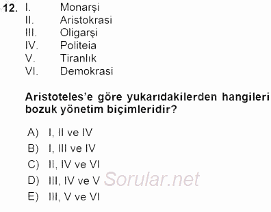 Siyaset Felsefesi 1 2015 - 2016 Ara Sınavı 12.Soru