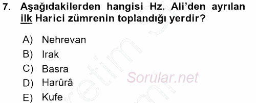 İslam Mezhepleri Tarihi 2015 - 2016 Ara Sınavı 7.Soru