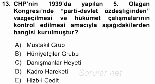 Atatürk İlkeleri Ve İnkılap Tarihi 2 2017 - 2018 3 Ders Sınavı 13.Soru