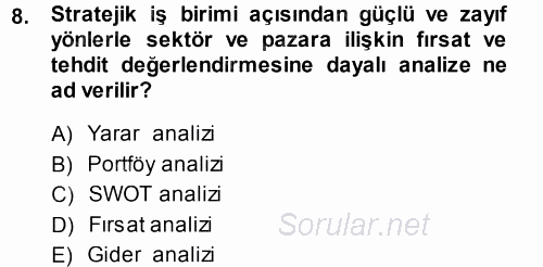 Pazarlama Yönetimi 2013 - 2014 Dönem Sonu Sınavı 8.Soru