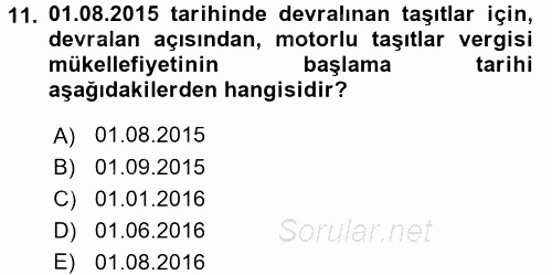 Vergi Uygulamaları 2015 - 2016 Dönem Sonu Sınavı 11.Soru