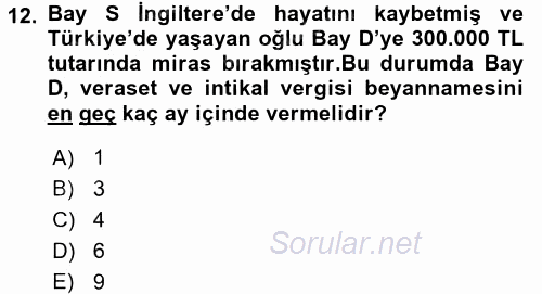 Vergi Uygulamaları 2015 - 2016 Dönem Sonu Sınavı 12.Soru