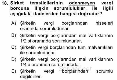 Vergi Uygulamaları 2015 - 2016 Dönem Sonu Sınavı 18.Soru