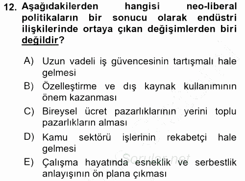 Endüstri İlişkileri 2015 - 2016 Dönem Sonu Sınavı 12.Soru
