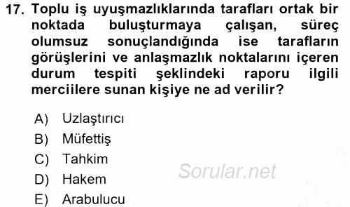 Endüstri İlişkileri 2015 - 2016 Dönem Sonu Sınavı 17.Soru