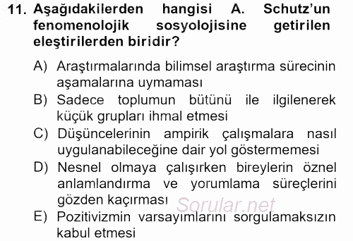 Modern Sosyoloji Tarihi 2012 - 2013 Dönem Sonu Sınavı 11.Soru