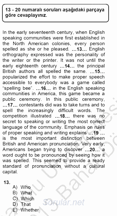Bağlamsal Dilbilgisi 4 2012 - 2013 Dönem Sonu Sınavı 13.Soru