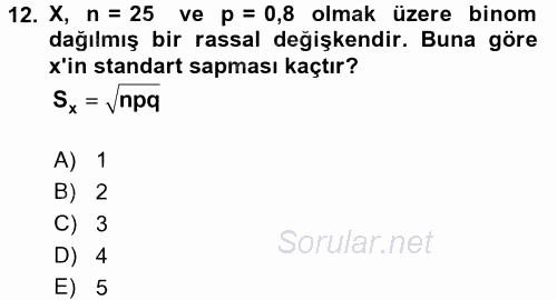 Coğrafi Bilgi Sistemleri İçin Temel İstatistik 2017 - 2018 Ara Sınavı 12.Soru