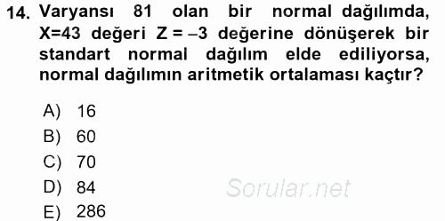 Coğrafi Bilgi Sistemleri İçin Temel İstatistik 2017 - 2018 Ara Sınavı 14.Soru
