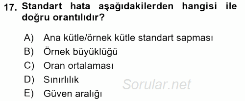Coğrafi Bilgi Sistemleri İçin Temel İstatistik 2017 - 2018 Ara Sınavı 17.Soru