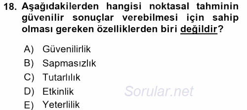 Coğrafi Bilgi Sistemleri İçin Temel İstatistik 2017 - 2018 Ara Sınavı 18.Soru