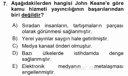 Medya Siyaset Kültür 2017 - 2018 Ara Sınavı 7.Soru