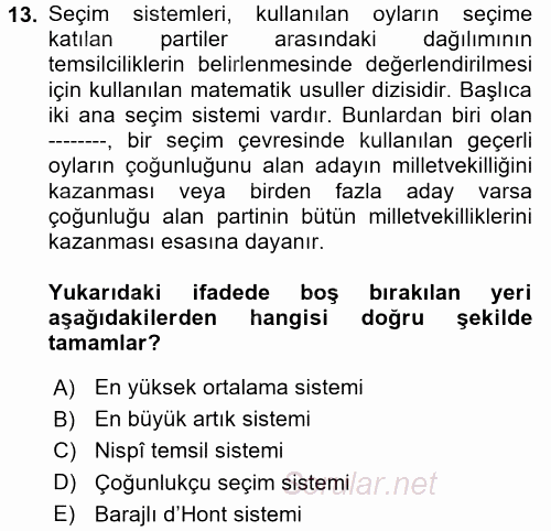 İnsan Hakları ve Demokratikleşme Süreci 2017 - 2018 Dönem Sonu Sınavı 13.Soru