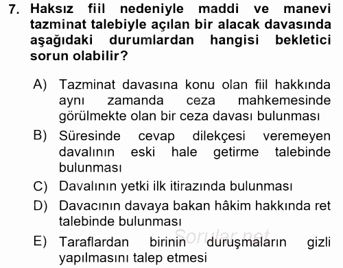 Medeni Usul Hukuku 2017 - 2018 Dönem Sonu Sınavı 7.Soru