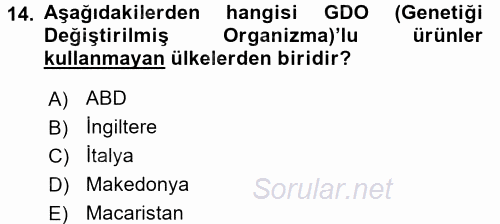 Veteriner Hizmetleri Mevzuatı ve Etik 2016 - 2017 Dönem Sonu Sınavı 14.Soru