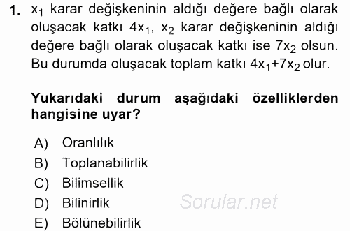 Yöneylem Araştırması 1 2015 - 2016 Tek Ders Sınavı 1.Soru