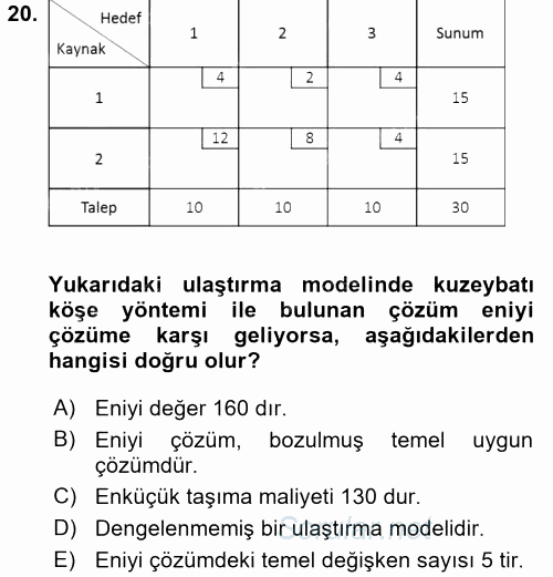 Yöneylem Araştırması 1 2015 - 2016 Tek Ders Sınavı 20.Soru